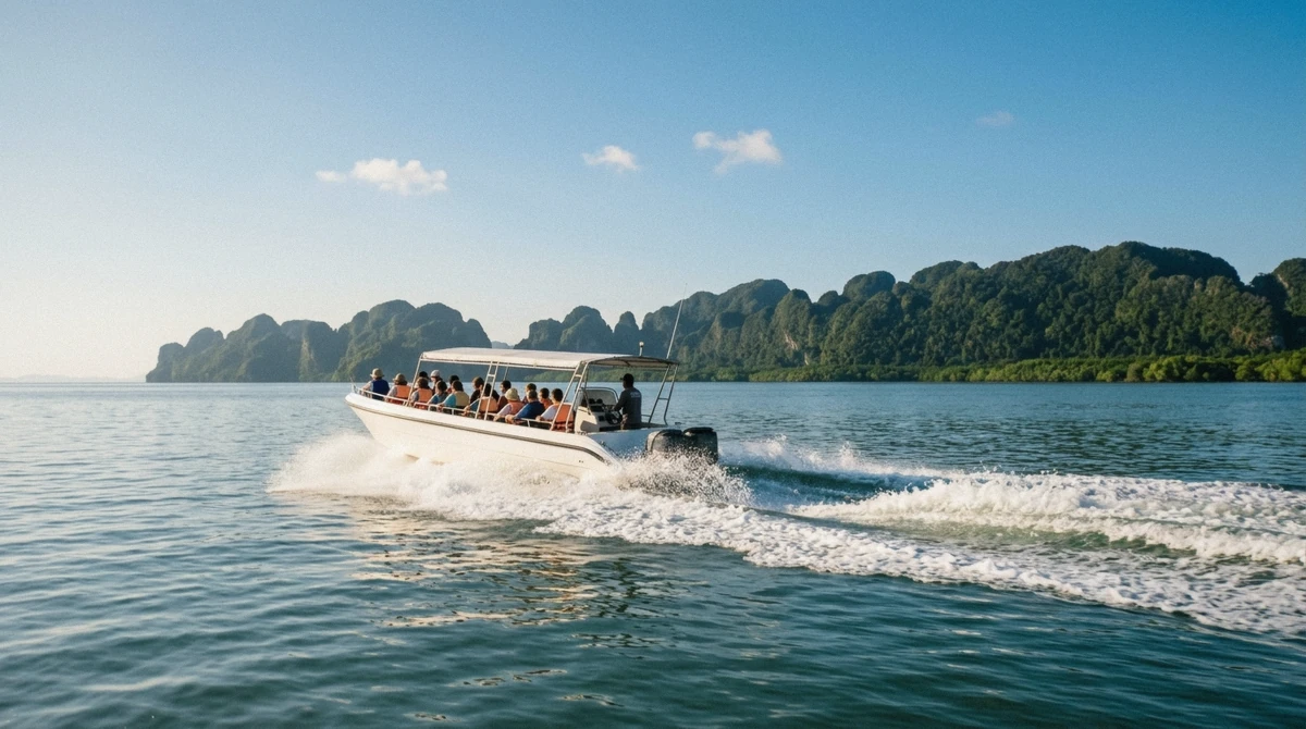A calm, glassy morning sea crossing on a Phuket boat tour during the dry season, limestone islands in the distance, Thailand