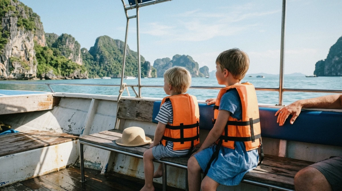 A child in a life jacket looking out at limestone islands from the deck of a Phuket boat tour with kids on board, Thailand