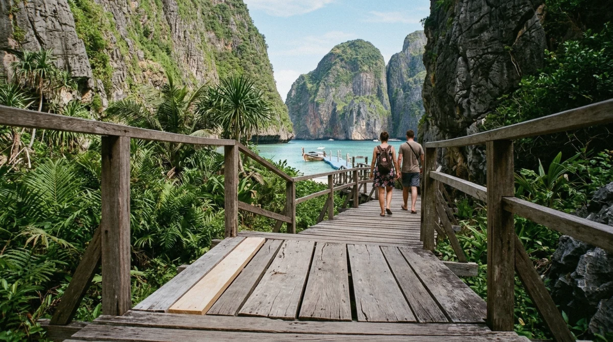 Visitors walking the raised boardwalk into Maya Bay from Loh Samah on a Phuket boat tour to Phi Phi Leh, Thailand
