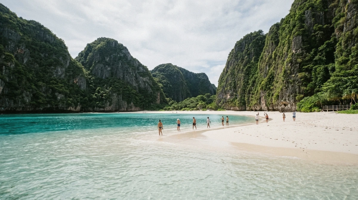 Maya Bay beach enclosed by limestone cliffs on Phi Phi Leh, visited from Phuket boat tours, with no boats anchored on the sand