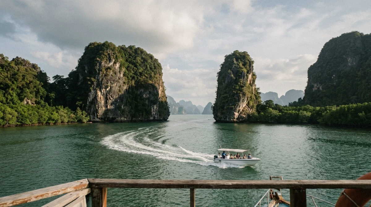 Limestone karst islands and a speedboat wake in sheltered water on a Phang Nga Bay boat tour from Phuket, Thailand