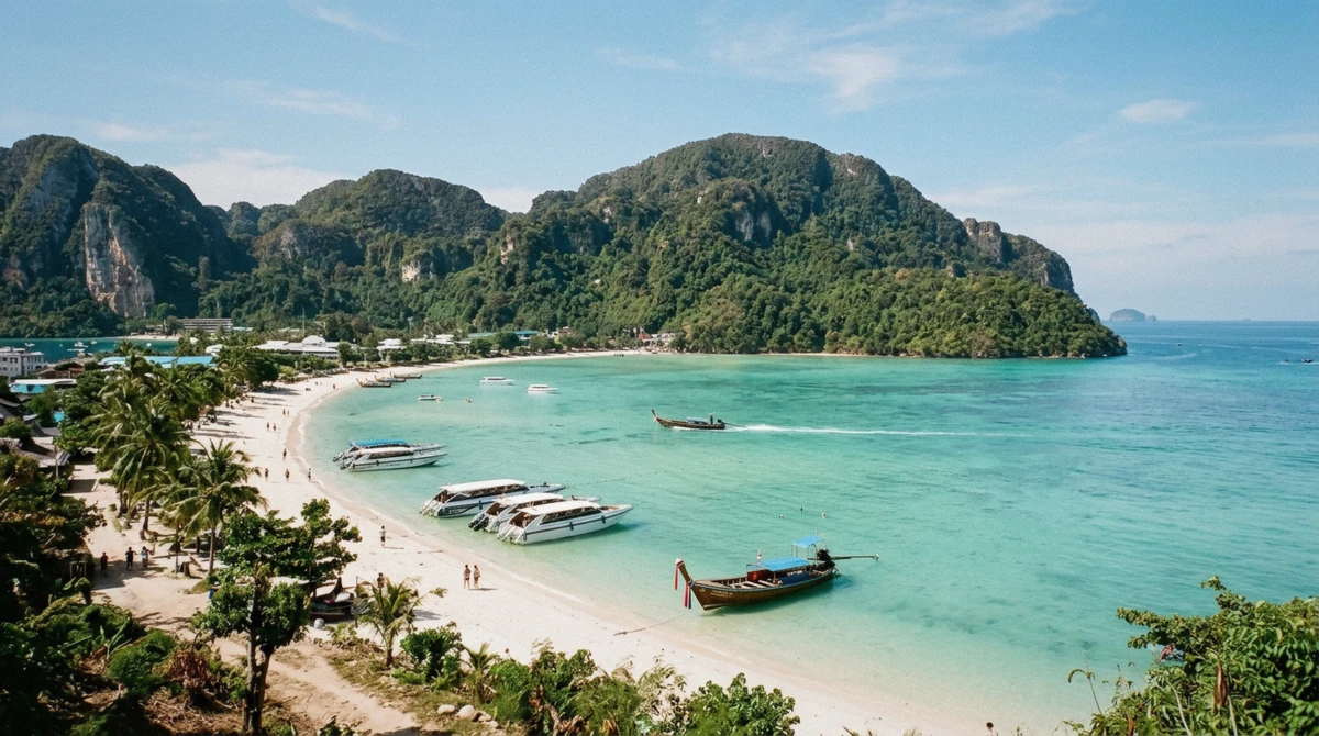 Longtail boats anchored in the bay at Phi Phi Don with limestone cliffs behind, a stop on a Phi Phi Island tour from Phuket