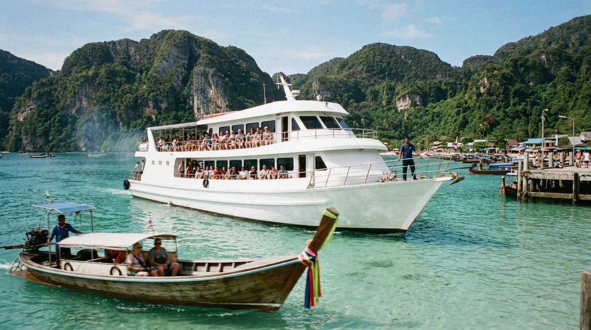 Passenger ferry pulling away from Rassada Pier in Phuket on the crossing that a Phuket to Phi Phi island ferry guide compares by fare and time