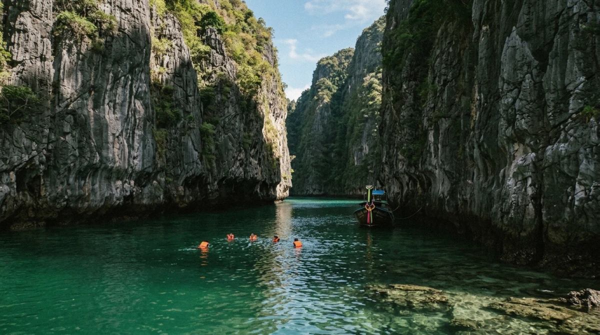 Turquoise water and limestone cliffs at Pileh Lagoon on a Phuket boat tour, a stop shared by both private and shared island itineraries