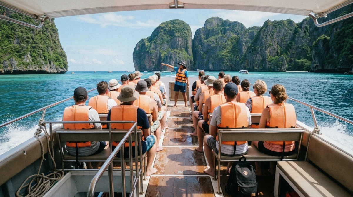 Passengers seated on the open deck of a shared speedboat departing Phuket, illustrating the private vs shared boat tour Phuket comparison