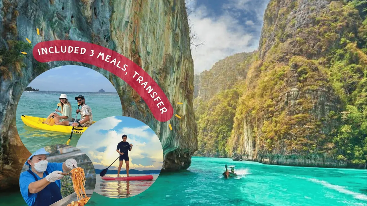 Speedboat moored in the turquoise water of Pileh Lagoon on a Phi Phi Phuket boat tour, limestone walls rising on both sides, Thailand